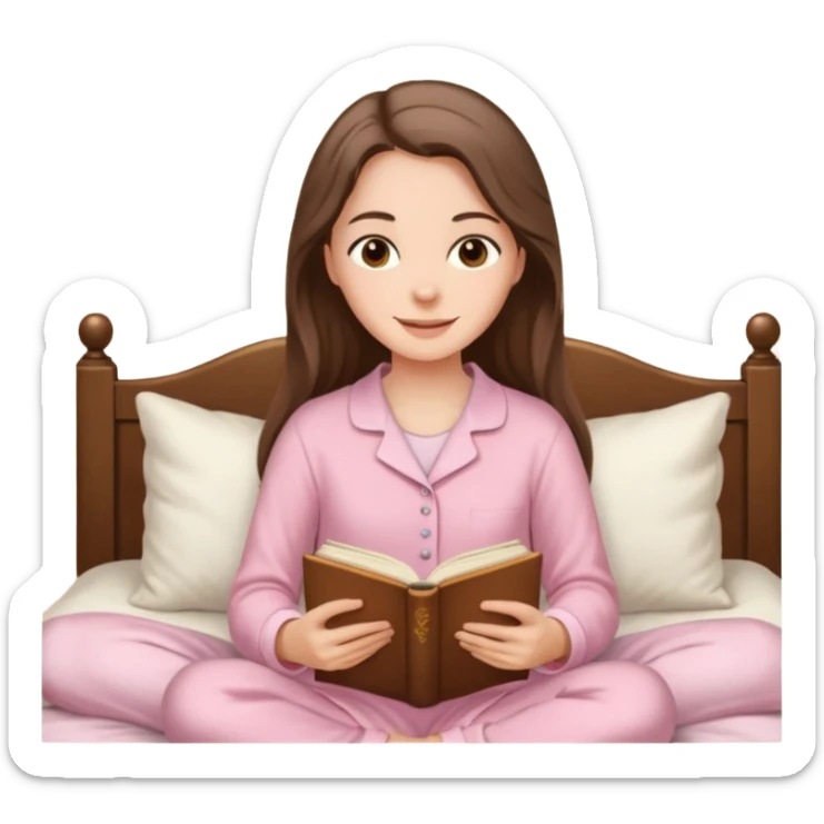  happy white long brunette hair girl with hazel eyes in light pink pajamas reading Pride and Prejudice sticker