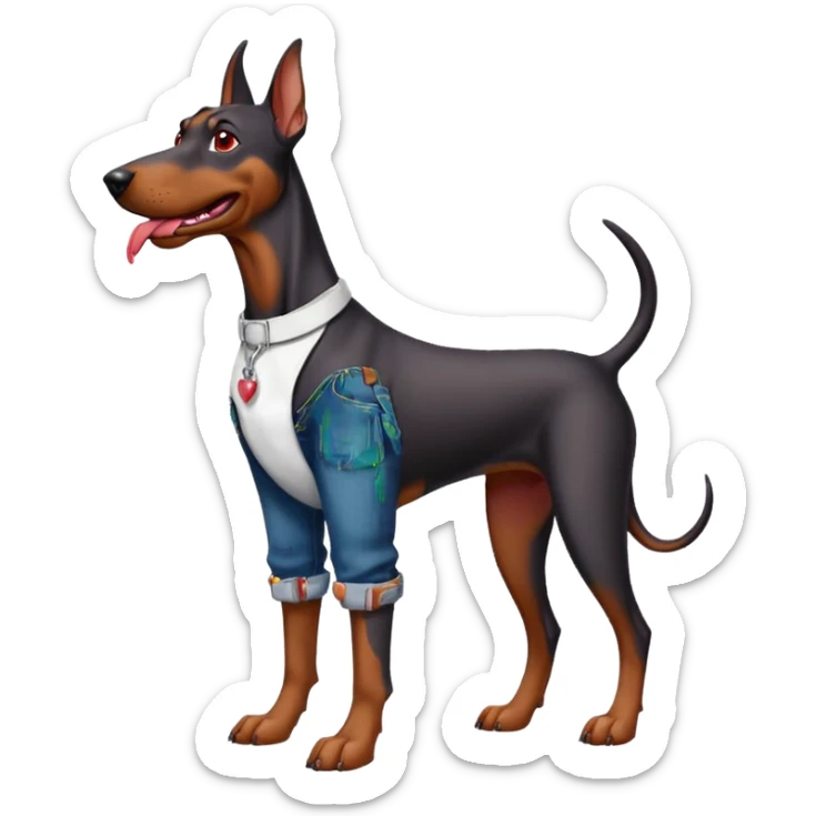 Generate a emoji of a big evil doberman dog with red eyes and a tongue sticking out, give the doberman a human body with a white shirt and baggy jeans, make the doberman have piercings sticker
