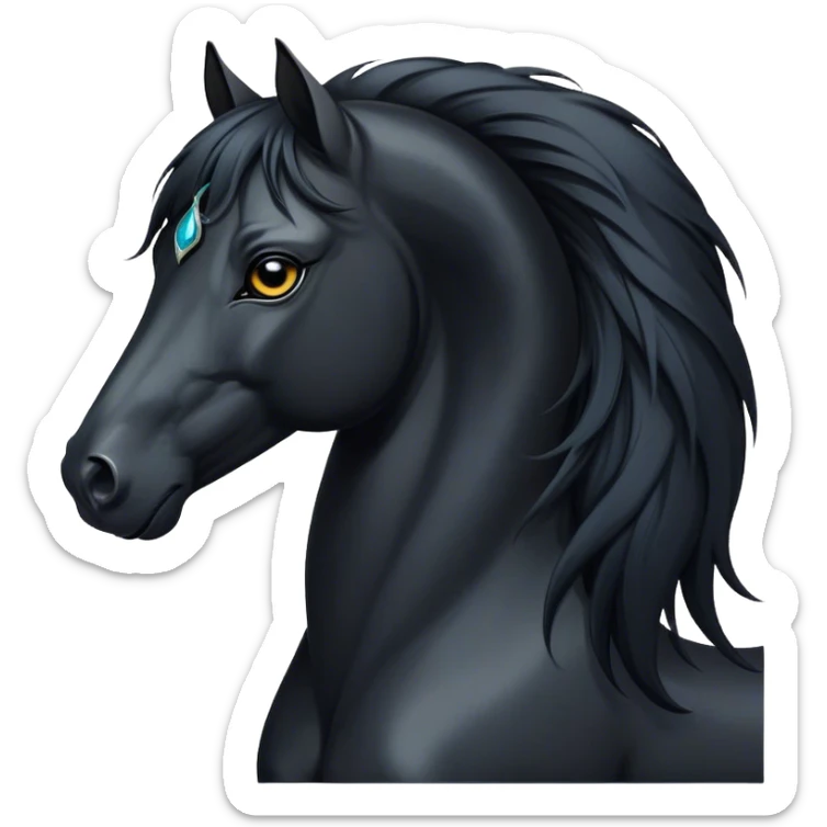 Cinematic Elegant Black Horse Portrait Emoji, Head held high with a serene, powerful gaze, showcasing a magnificent jet-black fur with a radiant, glossy finish, a flowing mane and tail, and piercing dark eyes exuding beauty and strength, Simplified yet majestically refined features, highly detailed, glowing with a soft, ethereal light, high shine, poised and breathtaking, stylized with an air of pure elegance, capturing the essence of a stunning and graceful steed, so beautiful it feels like it could gallop out of the screen with effortless charm! sticker