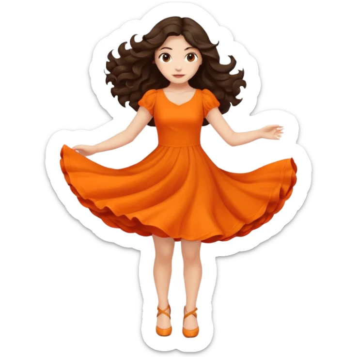 Long dark wavy hair women in orange standing spinning twirling around sticker