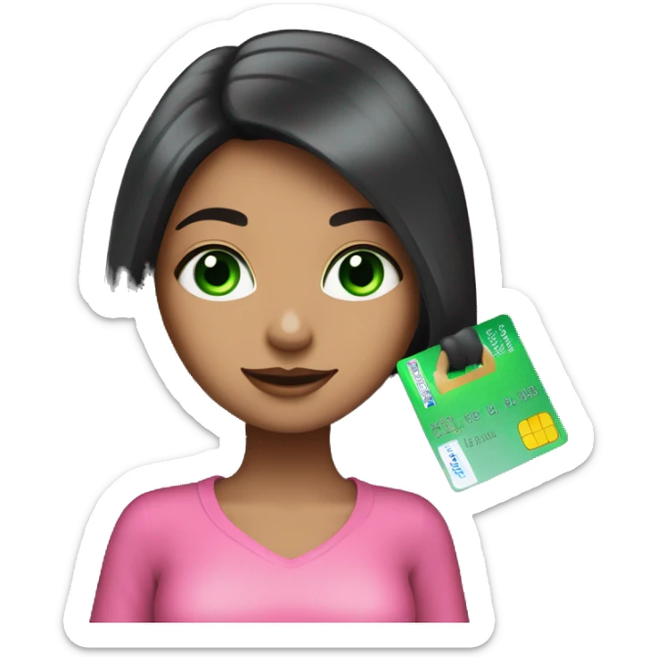 girl with very long black hair and green eyes and pink outfit holding credit card and shopping bags sticker