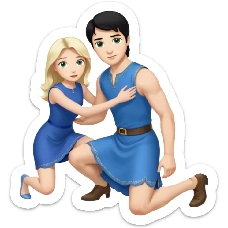 prince, upright, black Hair, blue eyes, blue garment,  Woman, blonde Hair, Green eyes, bending knee, sleveless White Dress, sticker