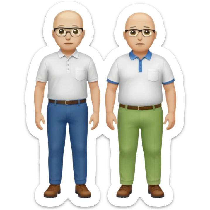 two guys, the first guy is white and have hair but only around his head and not on top, have glases a white dressshirt with rolled up sleeves and green pantsThe second guy has a yellow skin white golf shirt blue jeans and bald they should stand next to eachother they are both really fat  sticker