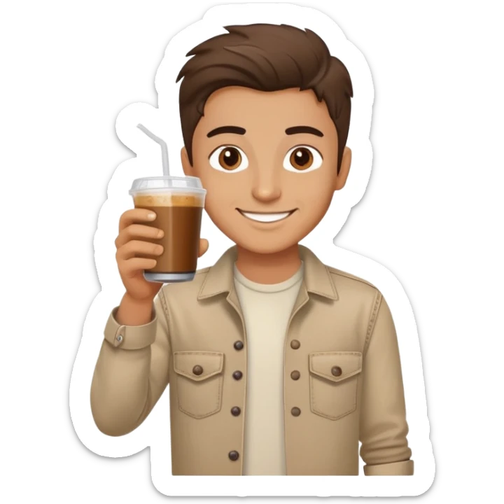 Turkish beautiful finish Konya boy good hair and brown eyes with beige denim clothes and had on his hand nut Cold brew coffee   sticker
