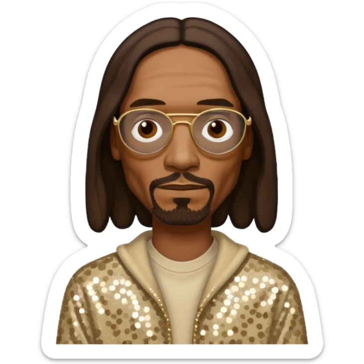 Snoop Dogg with long dark brown hair, beige sequin outfit sticker