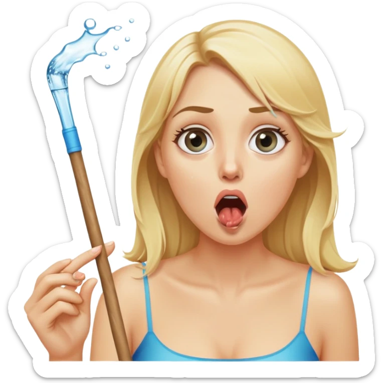 blond woman with wide eyes, holding a wide skin-colored stick with a nibble on the edge, water squirting from the stick into her mouth, shocked face sticker