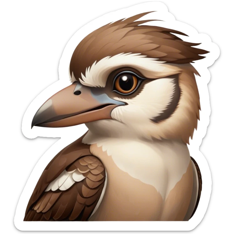 Cinematic Noble Kookaburra Portrait Emoji, Poised and regal, with a stout, robust build and a striking plumage of earthy browns and creams, a strong beak and deep-set soulful eyes, Simplified yet sharp and sophisticated features, highly detailed, glowing with a soft, dignified glow, high shine, intelligent and exuberant, stylized with an air of native woodland majesty, focused and attentive, soft glowing outline, capturing the essence of a watchful and confident bird, so majestic it feels as though it could laugh out of the screen with effortless authority! sticker
