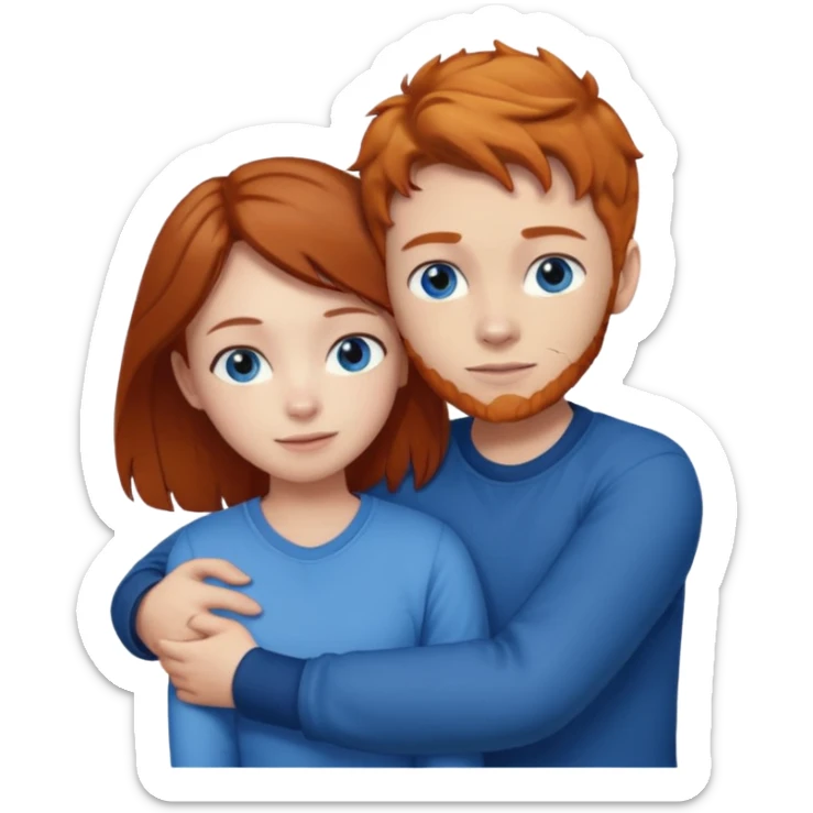 Ginger boy without facial hair hugging girl with dark brown hair. Both have blue eyes.  sticker