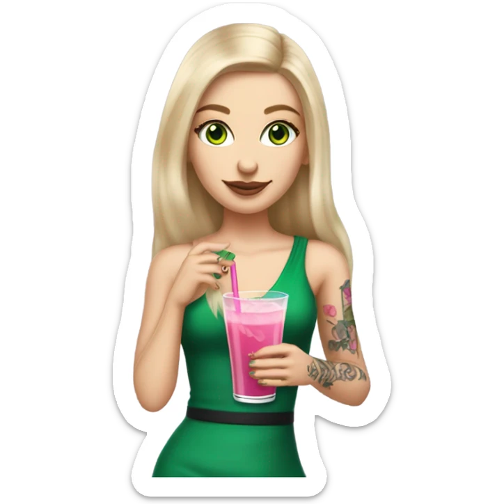 Realistic White girl with Long straight blonde hair, green eyes, tattoos, full body wearing dress and High heels, holding pink drink sticker