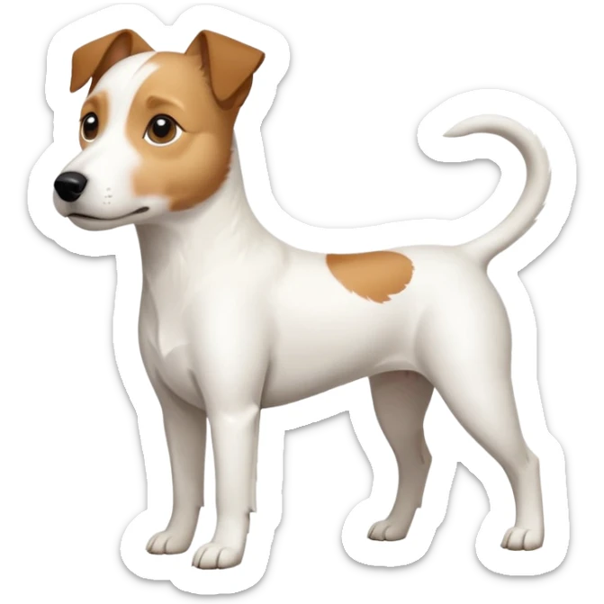 a full body slightly chubby white parson russell terrier looking dog the size of a kelpie with light brown long ears and a light brown patch on one eye and a large snout. the rest of the dog is completely whiteforward facing sticker