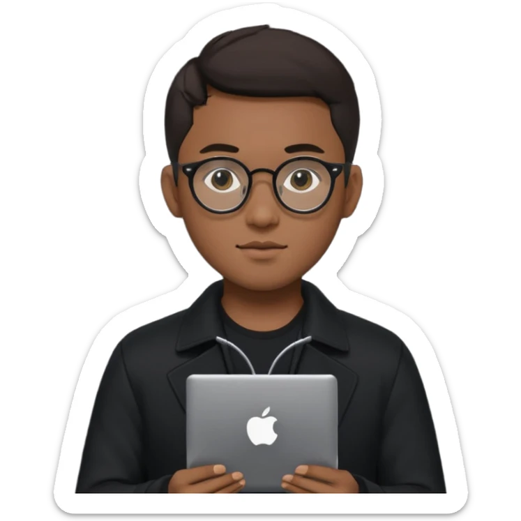 a asia man guy his 20s wearing an apple notebook, wearing bodyguard radio operator, round glasses, blackclothes sticker