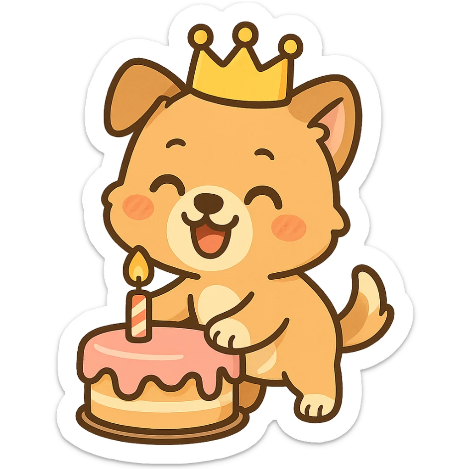 cartoon dog with a birthday crown, paw on a birthday cake, smiling, festive mood, plain background sticker