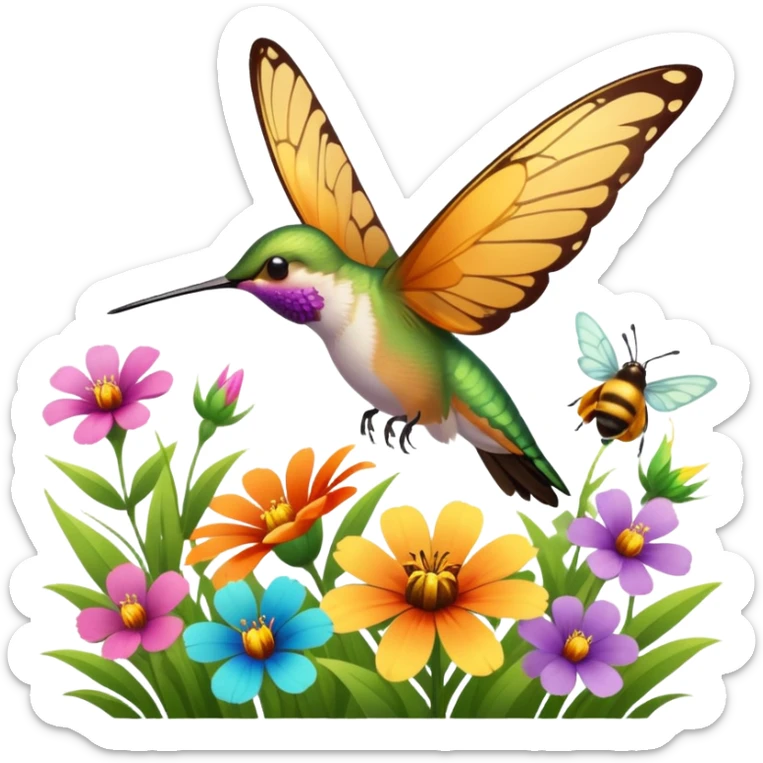 La la mañana se alegra entre flores y praderas ve avanzar mariposa bella y majestuosa entre colibrís y la abeja polinizando y Disfrutando del néctar de su miel sticker