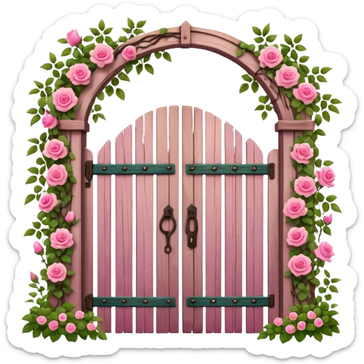 a garden's gate made of wood, with pink flowers all around it sticker