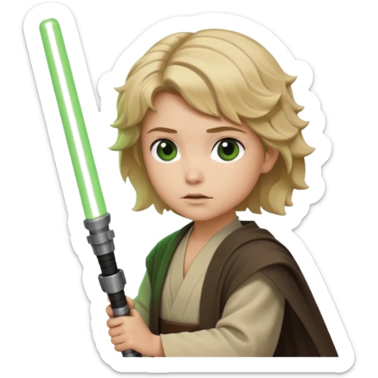 Young jedi with sandy blonde wavy short hair holding a green lightsaber sticker