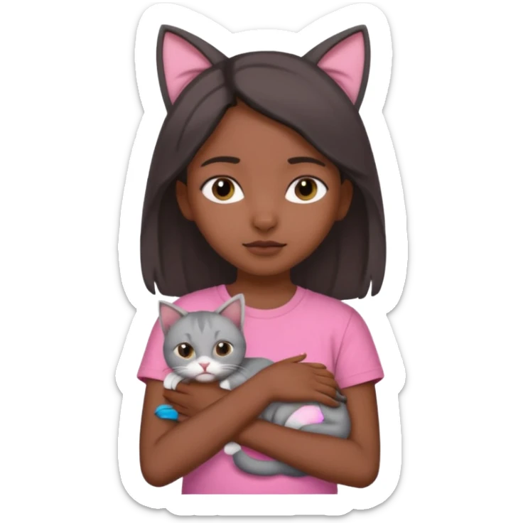 An Indian teenager girl with a pink t-shirt holding her gray cat with folded ears sticker