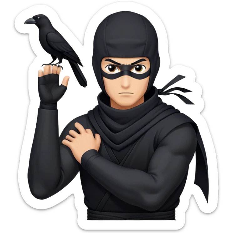 clash-of-clans-aesthetic_-cinematic-mysterious-male-ninja-portrait-emoji, rendered in a flat, vector-style with minimal shading and bold, simplified shapes, his arm is stretched out  with a head slightly turned revealing intense, focused eyes. the ninja has his arm out and perched on top of his forearm is  a  giant black crow sticker