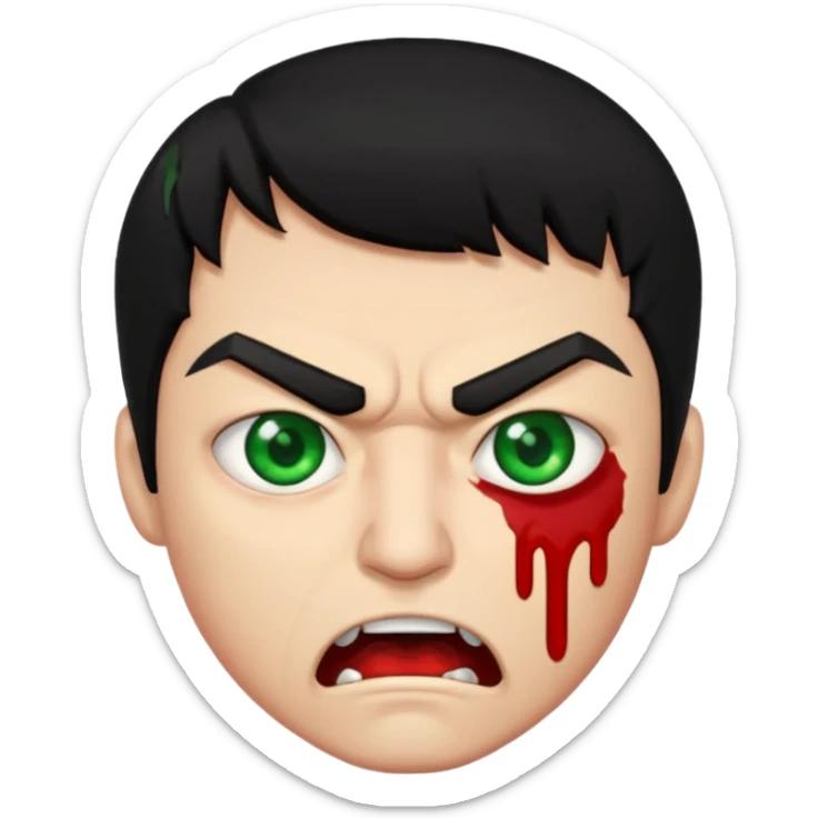 guy with black hair and blood at the mouth with green eyes very angry sticker