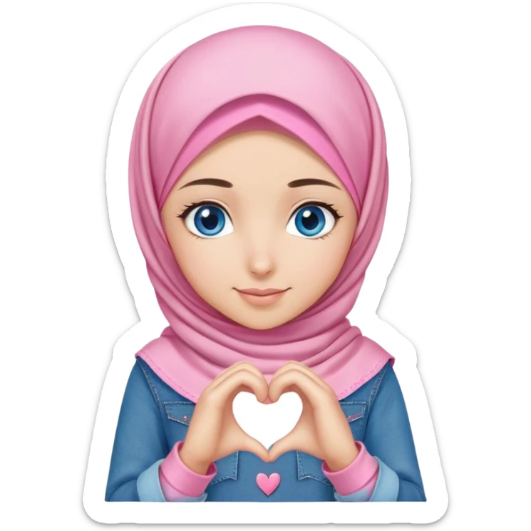 Turkish beautiful finish Konya girl blue eyes with denim and pink hijab islamic dress and making heart with hands and with thank you text sticker