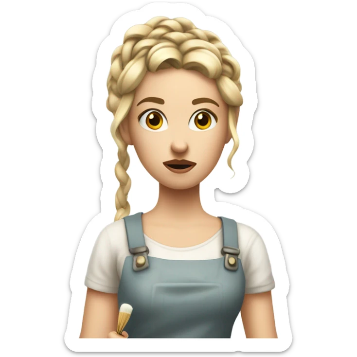 "A young woman with braided blond hair, fair skin, and a lively but slightly worried expression. She wears a simple dress, holding a brush with wite paint dripping from it." sticker