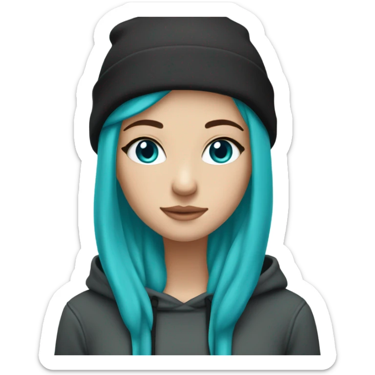 White girl, blue eyes, long teal hair, purple beanie hat, black hoodie sticker