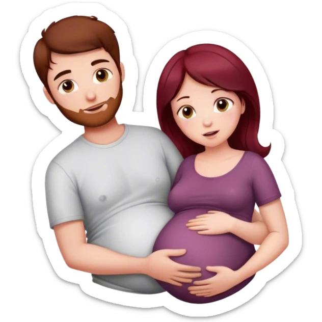 Beautiful burgundy haired pregnant girl with dark haired boyfriend holding stomach sticker