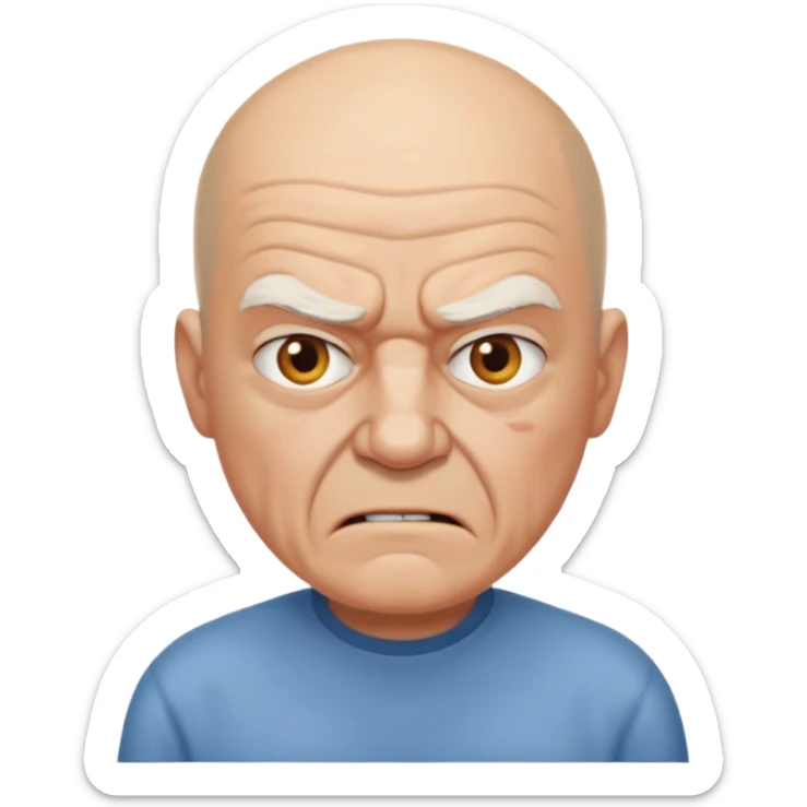 a portrait of angry elderly man, bald head, wearing shirt sticker