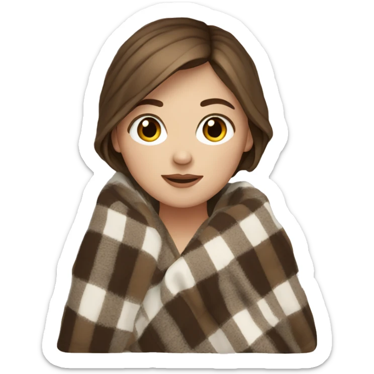 white girl short brown hair wrapped in cozy plaid blanket sticker