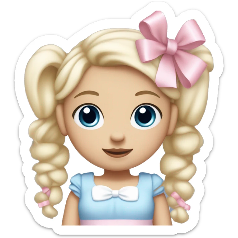 Little  babygirl with White skin, blue eyes. Light blonde hair in two ponytails, with light pink bows.  She is wearing a light pink and White dress, holding a teddybear with a pink bow. sticker