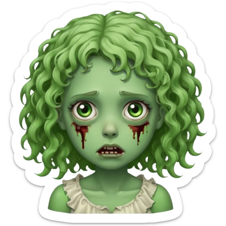Uma garota zumbi com o cabelo cacheado baixo e mecha descolorida,olho meio grande e bonitos e rosto redondo bem fofinha e linda e com aparência de zumbi verde e meio assustadora com o semblante de cansada sticker