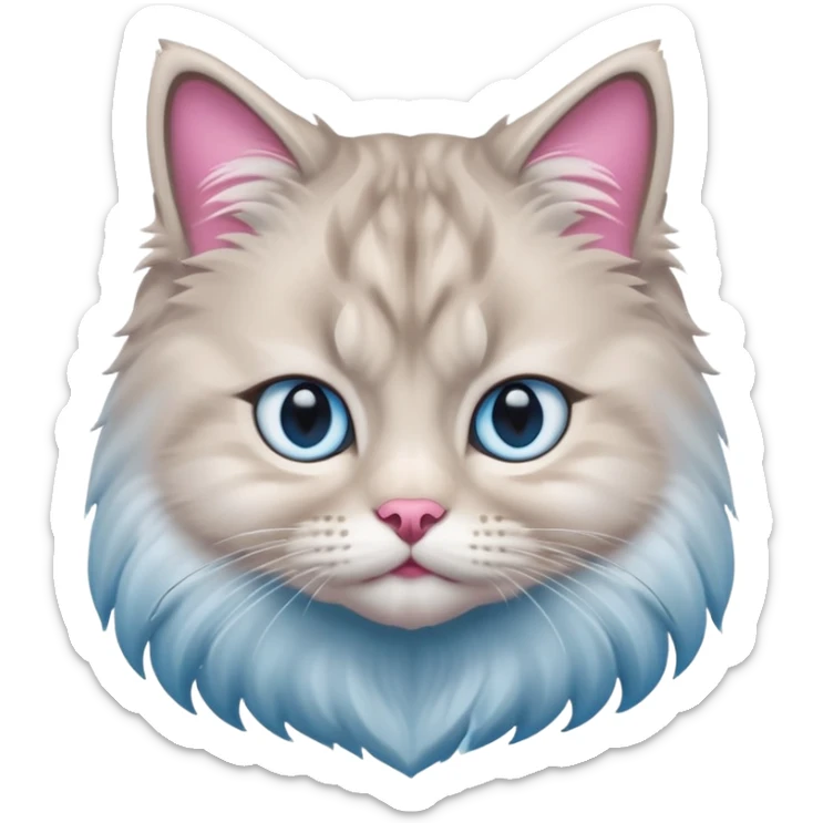 Fluffy Siberian cat face emoji, white and grey long hair, bright blue eyes, pink nose, friendly expression, 3D vector style, isolated on white background. sticker