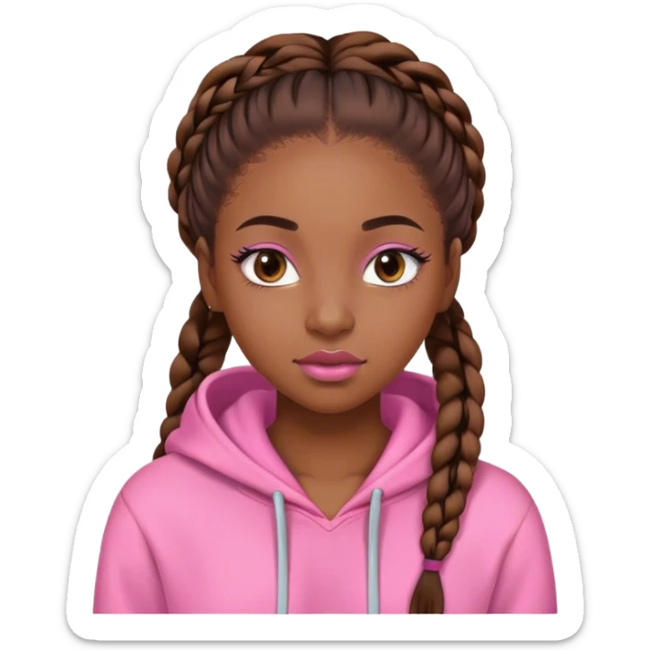 Black girl with pink hoodie  long brown braids eyelashes and lipgloss sticker