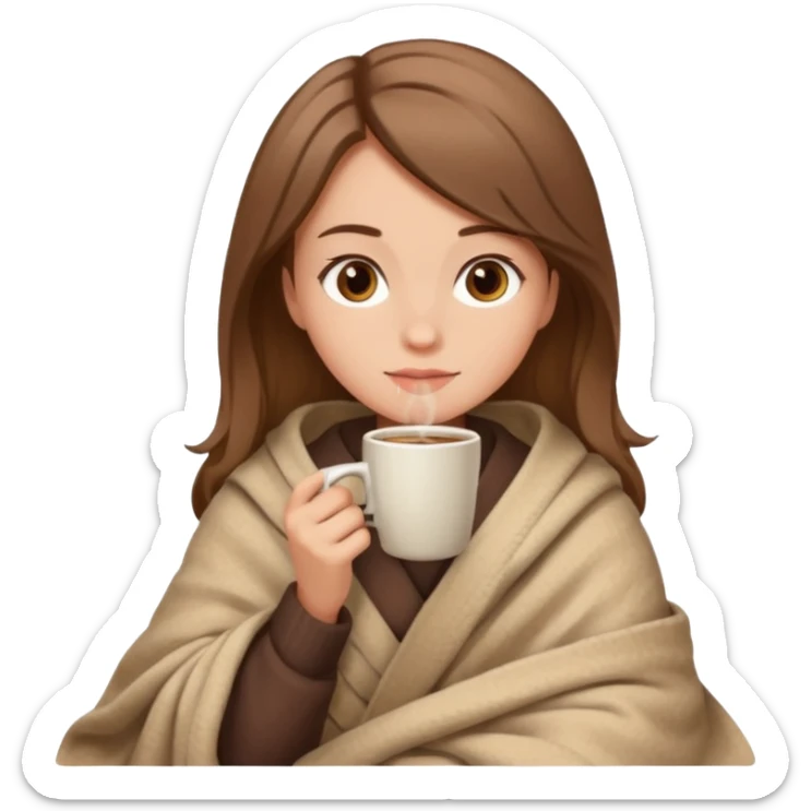 Beige Brown hair Girl drinking coffee, reading book with a cozy blanket sticker
