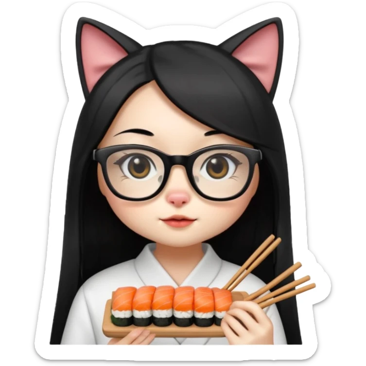 cute girl cat with long straight hair and really big square glasses with super thin frames eating sushi sticker