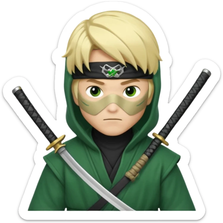 Green ninja Lloyd garmadon blonde hair, kaptur hoody on his head but blonde grzywka visible; the bottom left one is best (the one without miecze + black band + no mask of face) but add miecz; I want no band on head  sticker