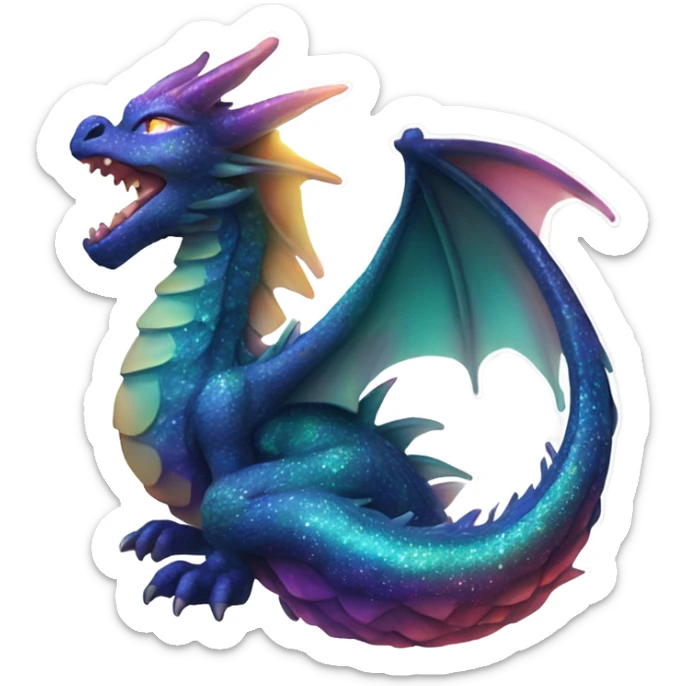 a cosmic dragon emoji, with shimmering scales that reflect the colors of distant galaxies, wings that resemble nebulae, and eyes that sparkle like stars. This dragon could be curled around a tiny planet, breathing out a stream of stardust. 🌌🐉✨ sticker