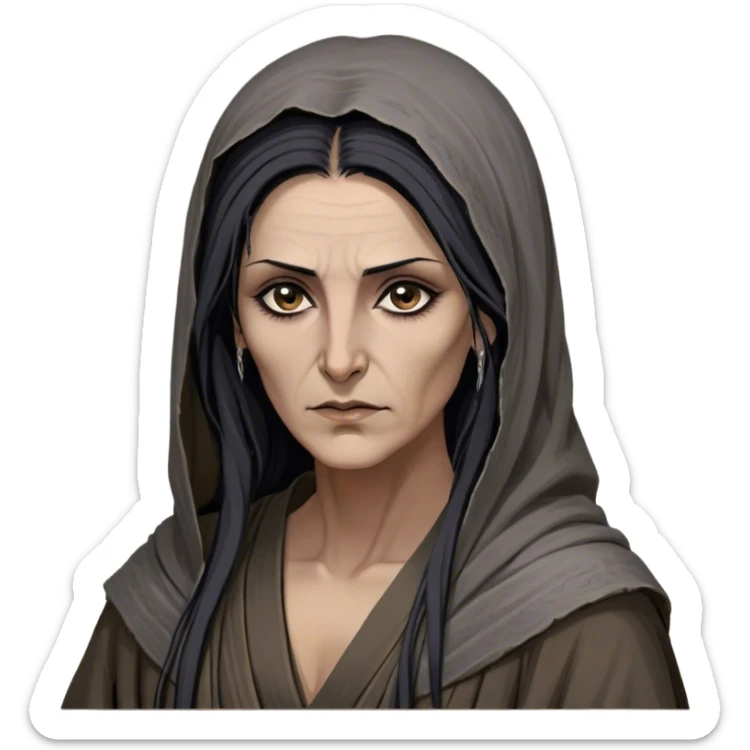 Mirri Maz Duur is a weathered, age 50 Lhazareen woman with deep-set dark eyes, high cheekbones, and a sharp nose, giving her a stern, knowing expression. Her long, unkempt dark hair streaked with gray falls loosely over her shoulders, and her earth-toned, tattered robes mark her as a humble healer. Despite her frail appearance, she exudes an aura of mystery and menace, her hands stained with herbs and blood from both healing and dark sorcery. sticker