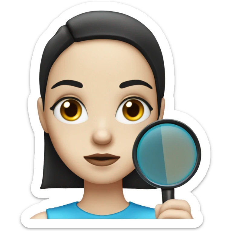 white Girl with black hair and blue eyes with magnifying glass with suspicious look sticker