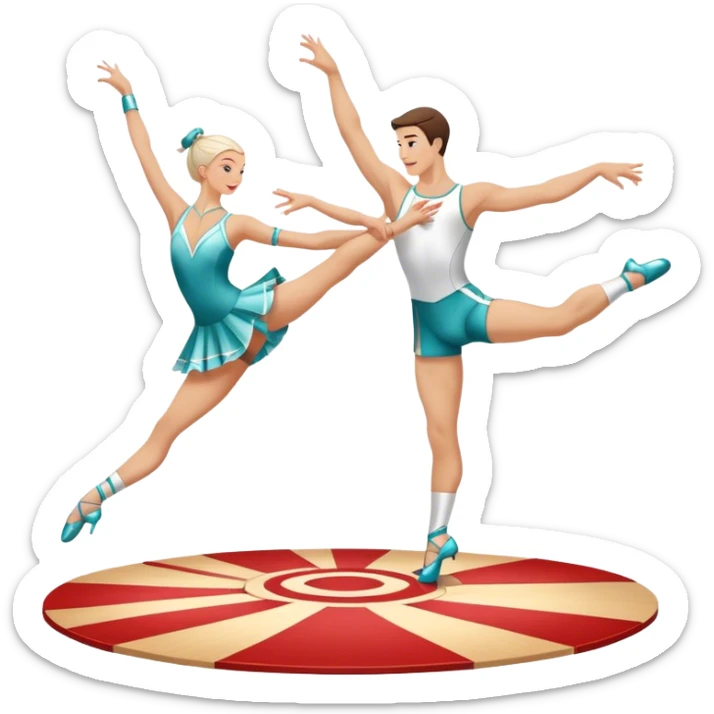 Icon for Sports Dance: a white men and women in competitive attire performing a synchronized dance with acrobatic moves, dance shoes, a rhythmic floor, and a competition backdrop. The icon should capture athleticism, technique, and acrobatic precision. Transparent background. sticker
