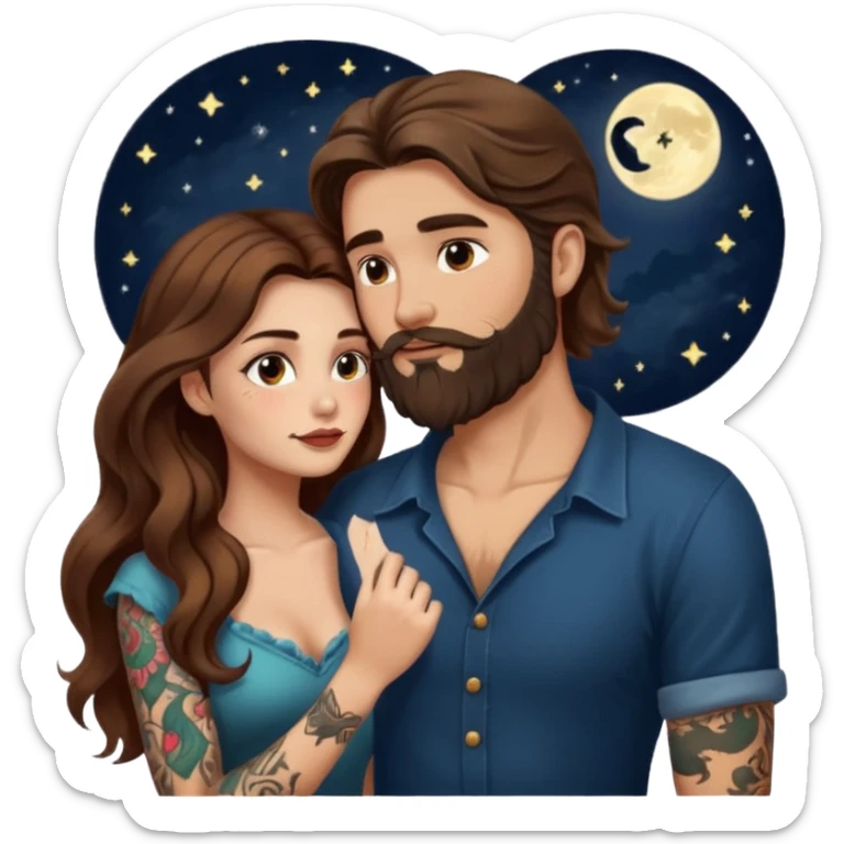 woman with long wavy brown hair tattoos and bearded man, she holds his chin, close flirty stare, moonlight glow sticker