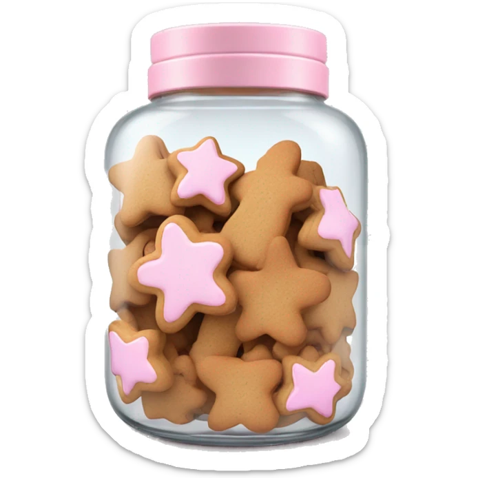 Realistic glass cookie jar with light pink lid full of gingerbread cookies isolated.  sticker