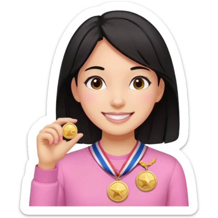 black haired girl wearing pastel pink with medals remove any hats, make her smile sticker