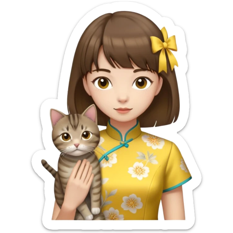 girl with brown hair and bangs wearing yellow qipao with gray tabby cat sticker
