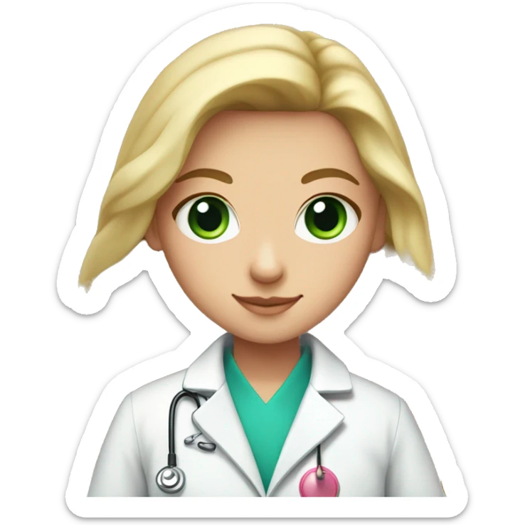Long haired Blonde girl with green-blue-grey eyes wearing a pink shirt Underneath a whitecoat being  a doctor sticker