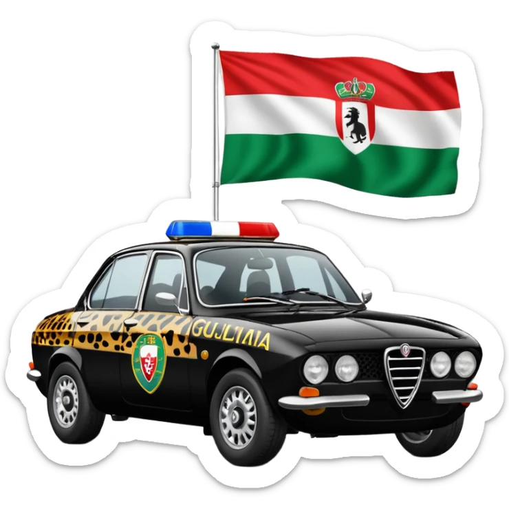 crea auto di servzio alfa romeo giulia colore nero con la scritta sul lato polizia penitenziaria e la un leopardo e la bandiera italiana sticker