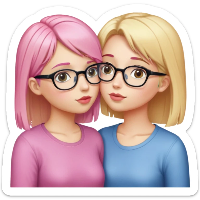 two girls kissing, the girl on the right is shorter, she is blonde and has glasses, the girl on the left is a little taller, with pink hair, no glasses sticker