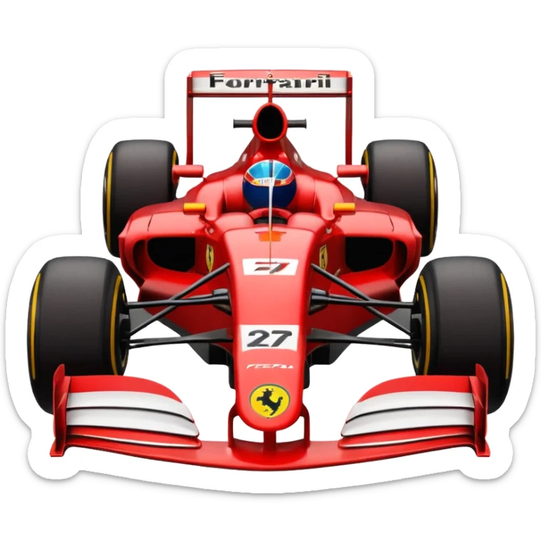 front view of a minimalist red Ferrari Formula 1 car from the 2000s with black wheels, emoji style sticker