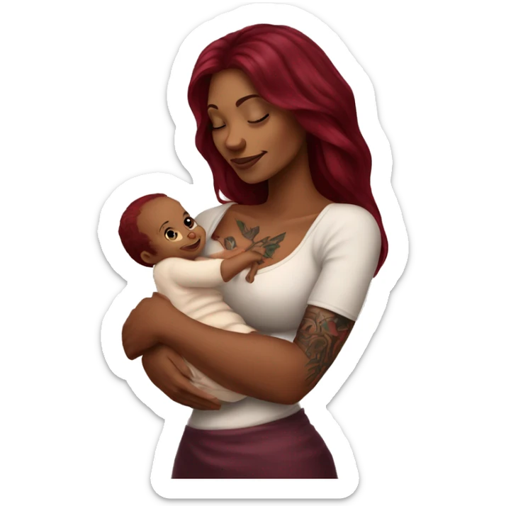 Beautiful tattooed burgundy long haired woman holding a baby sticker