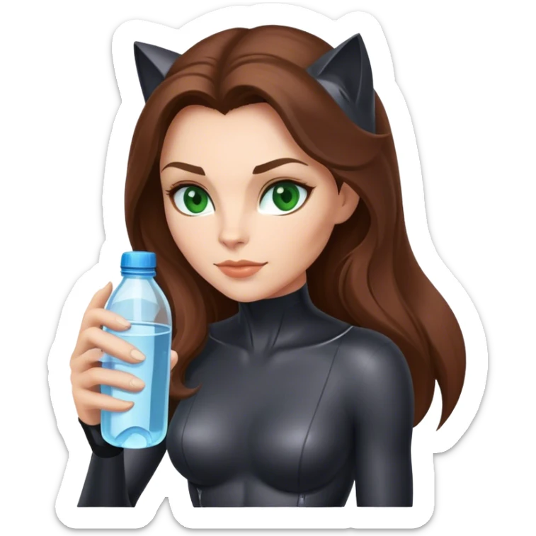  Catwoman with  water bottle and long Brown hair and Green eyes sticker