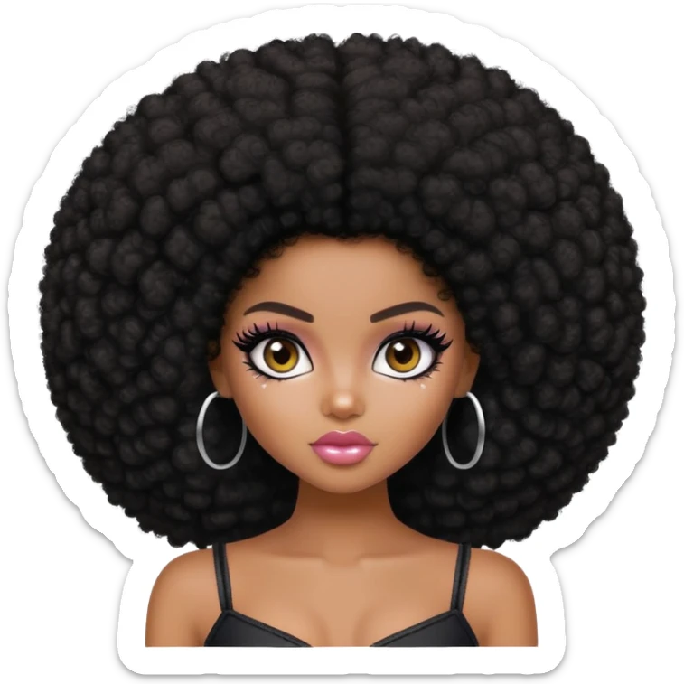 pretty bratz girl, dark black big afro, dark brown eyes, y2k fashion, black eye v liner, dark skin sticker